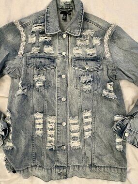 Aqua Pearl Embellished Distressed Light Blue Denim Jacket Size Small
